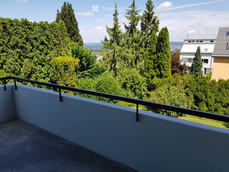 Balcony with a railing, overlooking a lush green landscape with tall trees and distant buildings.