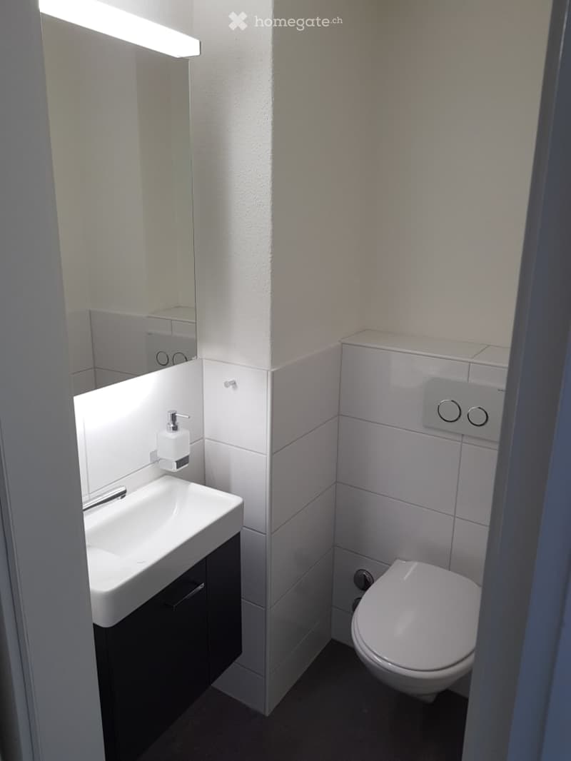 Modern, compact bathroom with white tiles, a white sink with a dark cabinet, a toilet, and a large mirror with built-in lighting.