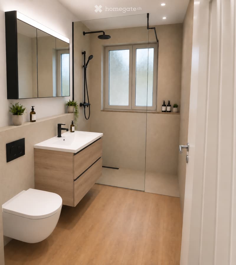 Modern bathroom with a wooden vanity, white sink, toilet, large mirror, and a glass-enclosed shower area with a modern showerhead. The space features light wooden flooring and neutral-colored walls.
