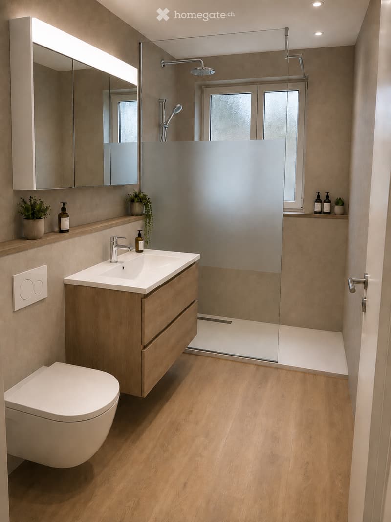Modern bathroom with wooden flooring, a white sink with a chrome faucet, a large mirror with built-in lighting, a toilet, a glass-enclosed shower with a handheld showerhead, and decorative plants on the windowsill.