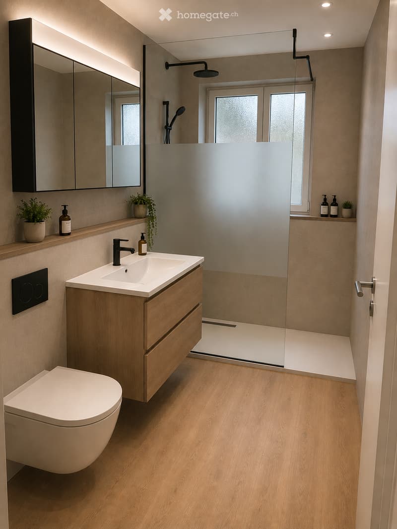 Modern bathroom with wooden flooring, white sink, toilet, large mirror, and a glass-enclosed shower area with a modern showerhead.