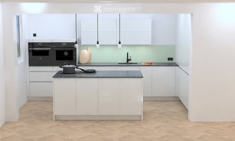 Modern kitchen with white cabinets, black countertops, and a central island. Features include an oven, sink, and various kitchen utensils.