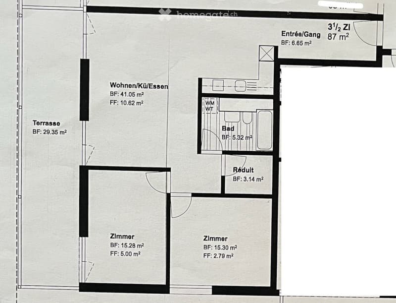 Floor plan showing a living/dining area, two bedrooms, a bathroom, hallway, and a terrace.