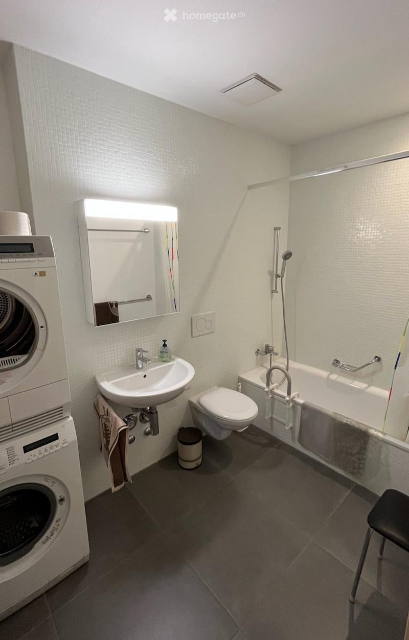 Modern bathroom with a sink, toilet, bathtub, mirror, shower, washing machine, and a chair. The walls are tiled, and the floor is made of dark tiles.
