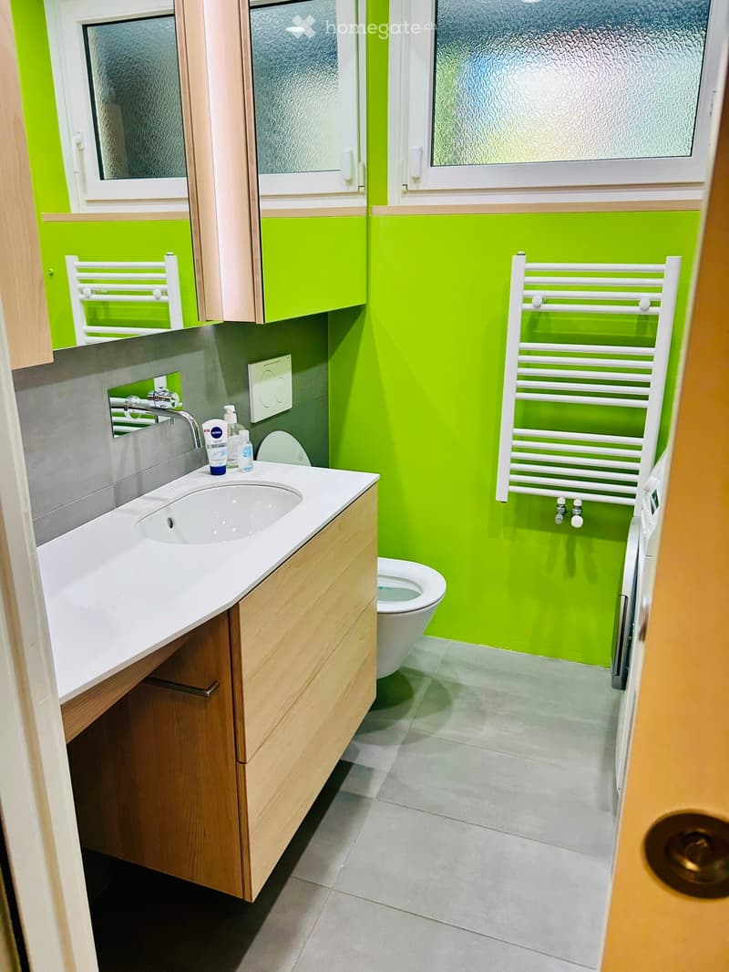 Modern bathroom with green walls, white sink, wooden cabinet, toilet, and towel rack.