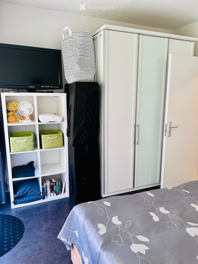 A modern bedroom with a large bed, a television on a shelf, a wardrobe with mirrored doors, and a small shelf holding various items including toys, a fan, and books.