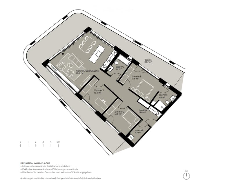Floor plan of a residential unit featuring a living/dining/kitchen area, three bedrooms, two bathrooms, a hallway, and a balcony.