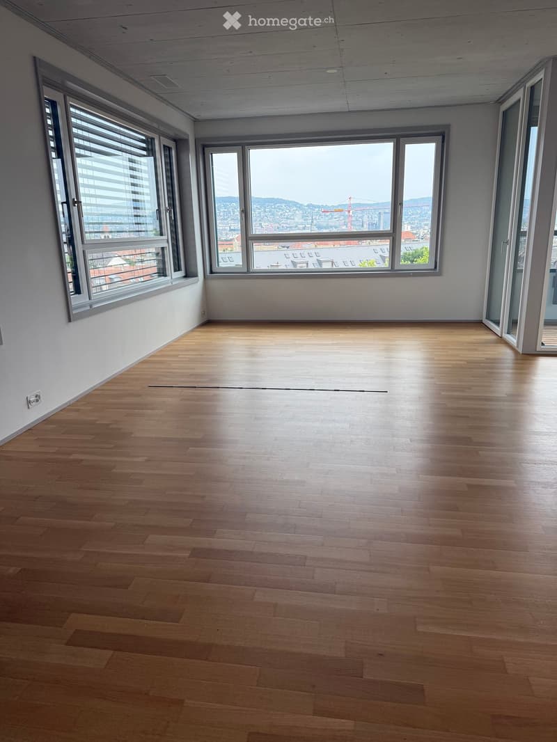 Empty room with light wooden flooring, white walls, and large windows offering a cityscape view.