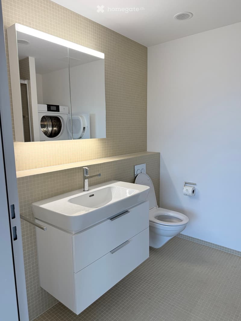 Modern bathroom with a white sink, chrome faucet, toilet, and large mirror above the sink. The walls are tiled in beige and grey, and the floor is tiled in grey.