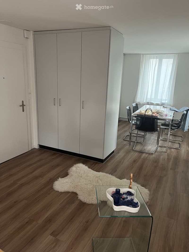 Modern, well-lit room with wooden flooring, a large white rug, a glass coffee table with decorative items, a dining area with a table and chairs, and built-in white cabinets.