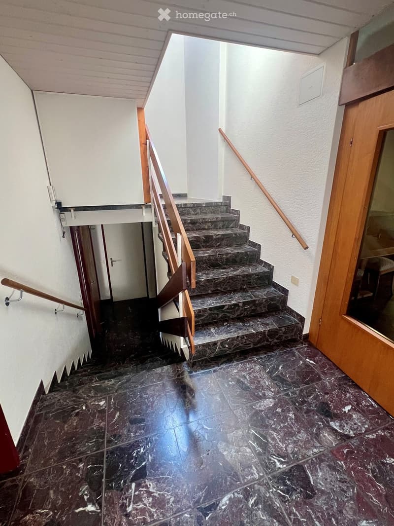 Staircase with marble steps and wooden handrails, leading up to a landing area with white walls and a wooden door visible on the right side.