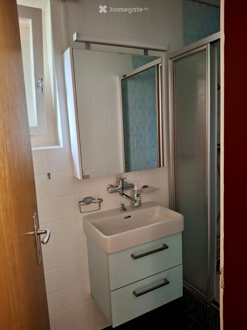 Modern bathroom with a white sink, chrome faucet, mirrored cabinet, towel rack, and a shower area with blue patterned tiles.