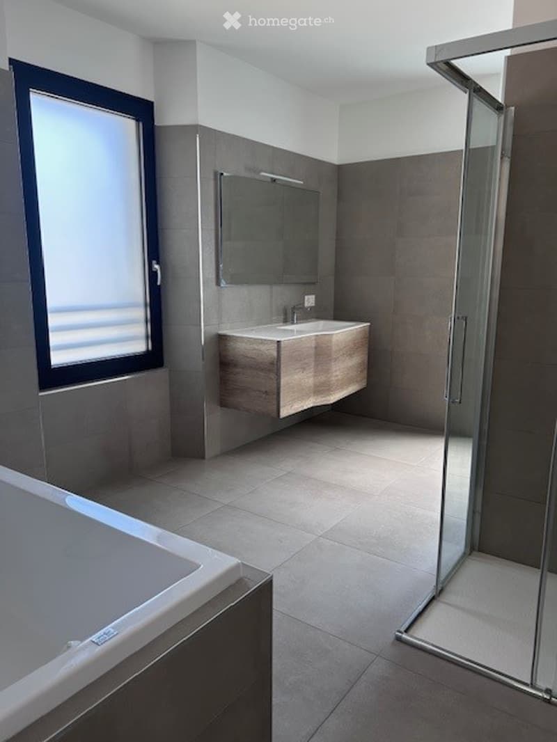 Modern bathroom with grey tiles, a floating vanity with a sink and mirror, a bathtub, and a glass shower enclosure.