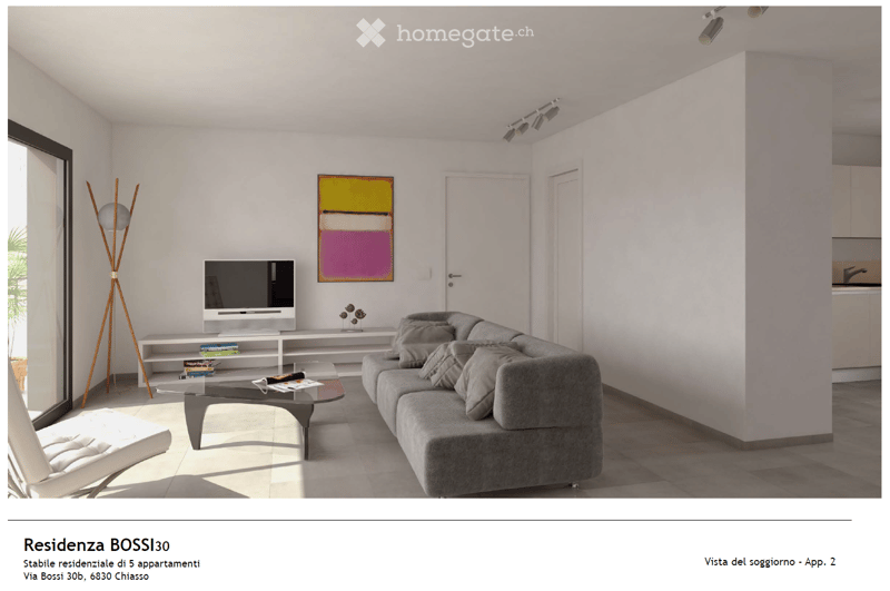 Modern living room with a grey sectional sofa, glass coffee table, white TV stand, white chair, and a floor lamp. The room features large windows and a contemporary painting on the wall.