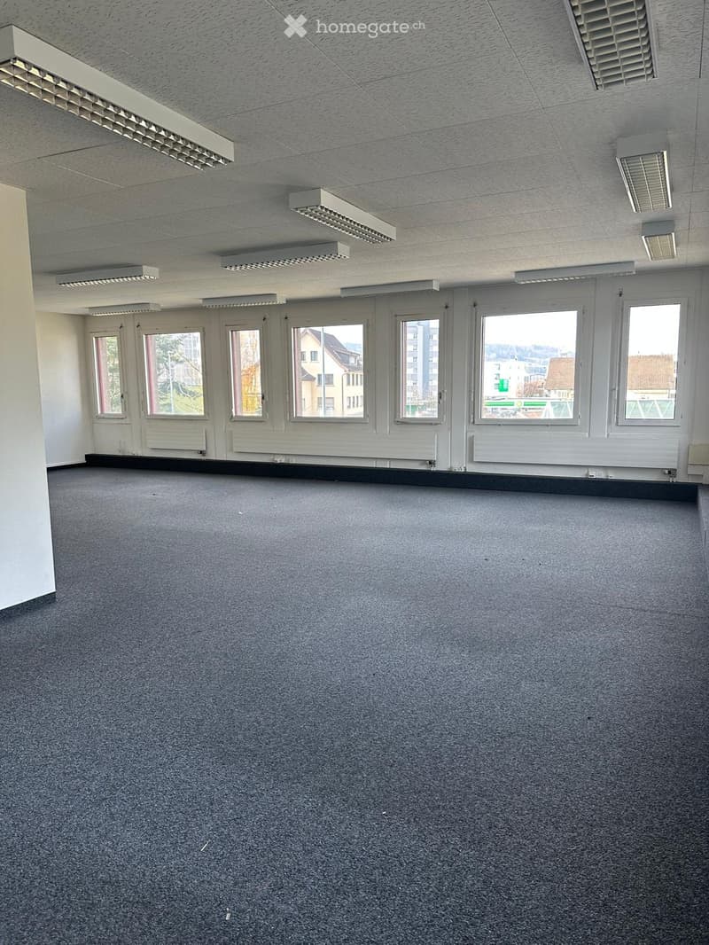 Empty room with grey carpeted floor, white walls, large windows, and ceiling lights.