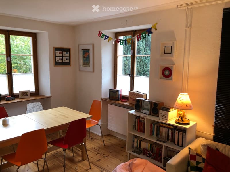 Bright living room with wooden flooring, large windows, a sofa, a coffee table, colorful chairs, a bookshelf, and a lamp.
