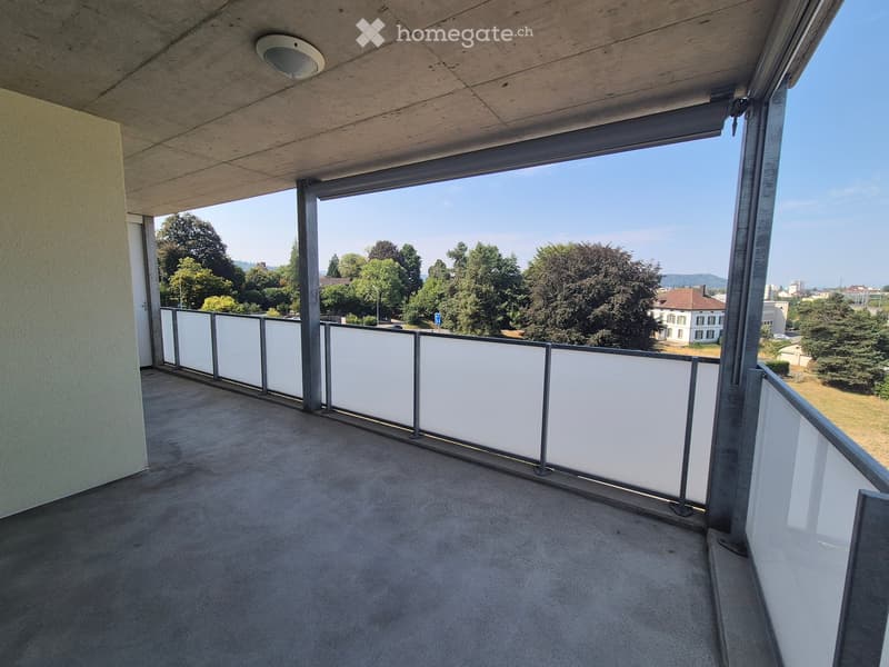 Balcony with modern white balustrade, concrete floor, and expansive view of greenery and distant buildings.