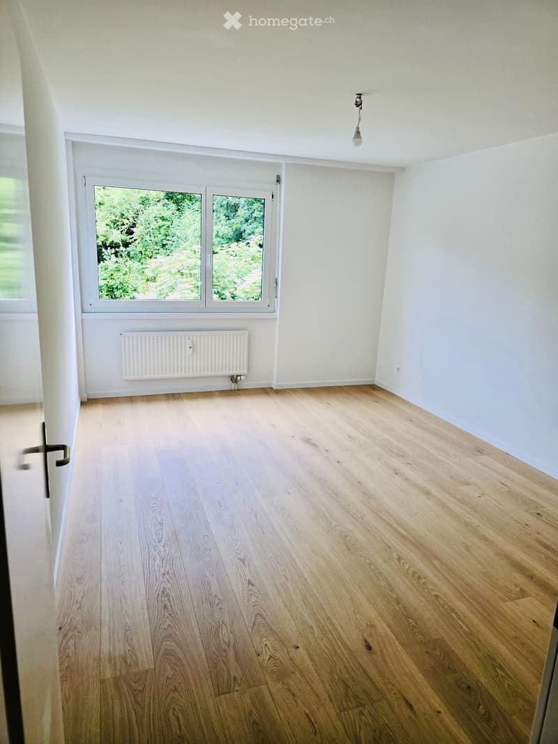 Empty room with light wooden flooring, white walls, a window with white frame, and a radiator below the window.