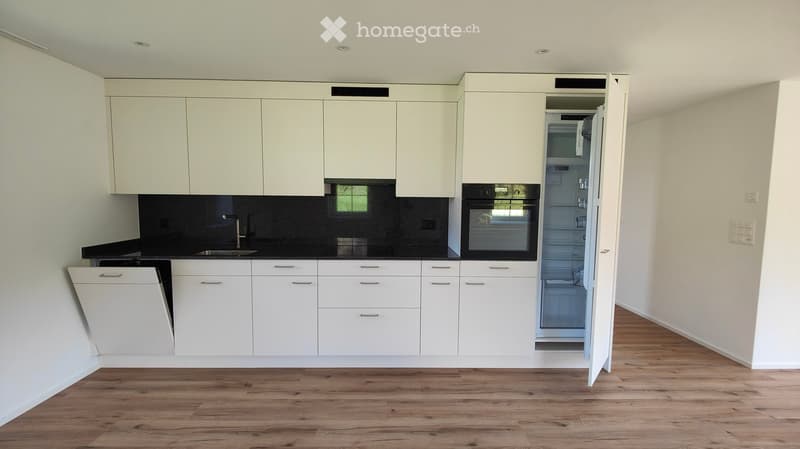Modern kitchen with white cabinets, black countertop, and stainless steel appliances including a refrigerator, oven, and dishwasher.