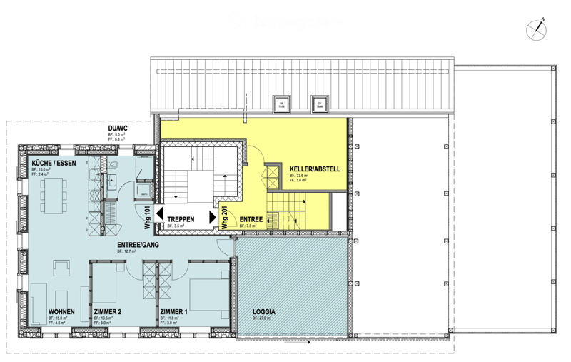Floor plan of a house with labeled rooms including kitchen, living room, bedrooms, entrance, hallway, and cellar/storage area.