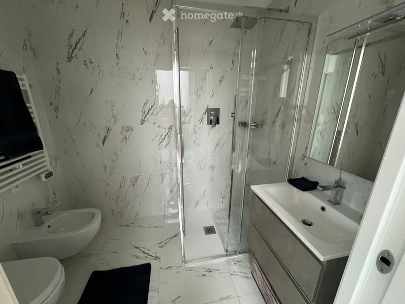 Modern bathroom with marble tiles, a glass-enclosed shower, a toilet, a sink with a mirror, and a towel rack with a towel.