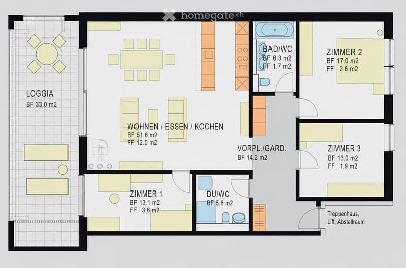 Floor plan of a residential unit featuring a living/dining/kitchen area, three bedrooms, two bathrooms, a loggia, and a hallway.