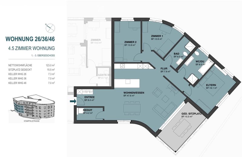 Floor plan of a 4.5-room apartment with labeled rooms including entrance, living/dining area, bedroom, bathroom, WC/DU, and covered seating area.
