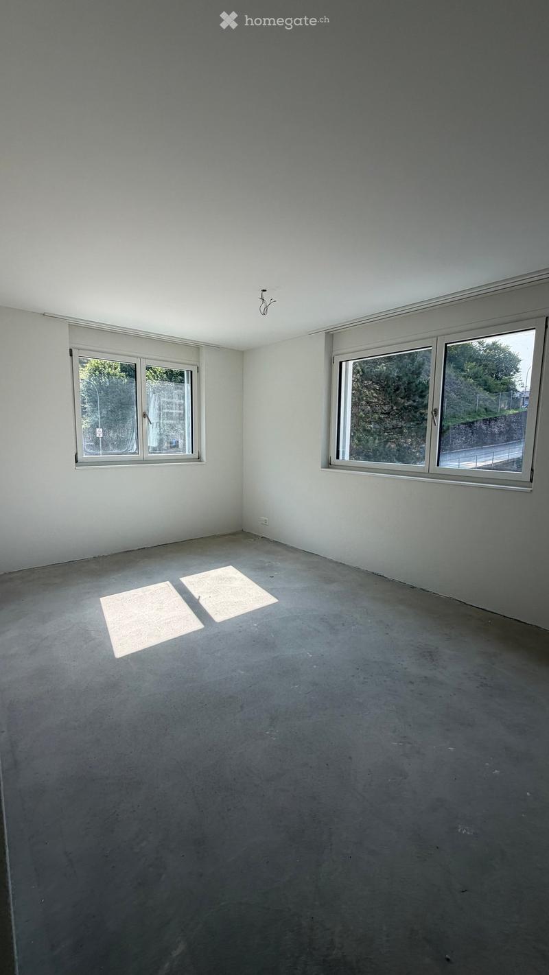Empty room with concrete floor, white walls, and two windows with metal frames. No furniture or equipment present.