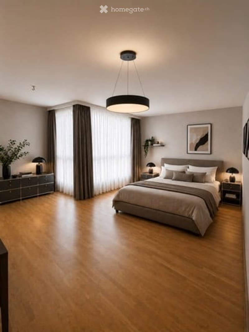 Modern bedroom with a large bed, nightstands, lamps, dresser, and large windows with curtains.