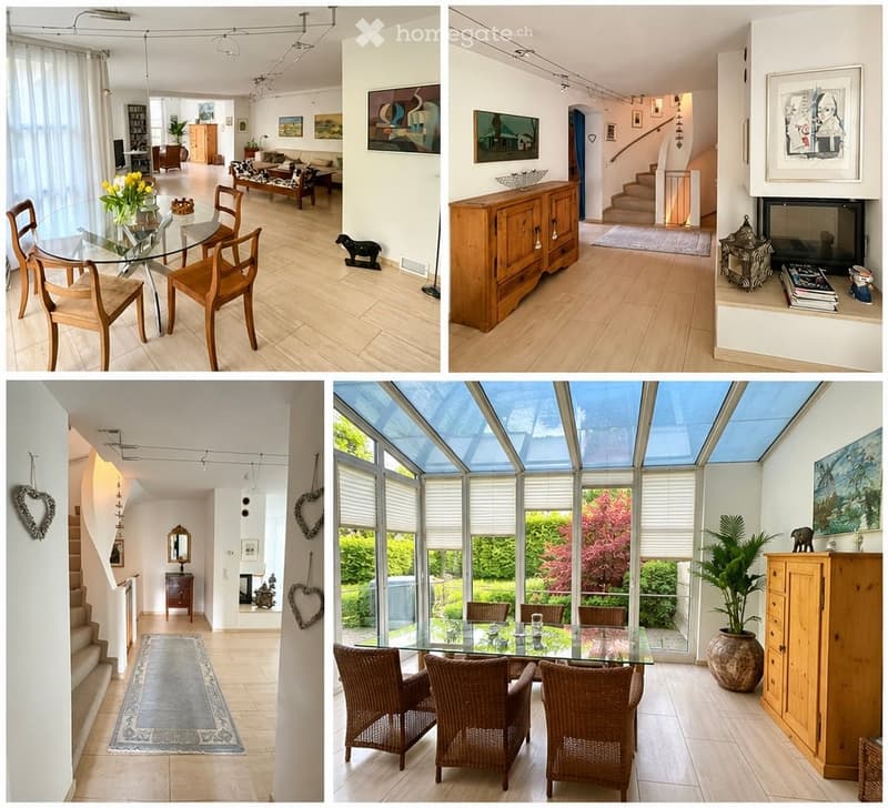 Four images show a well-furnished house with a dining area, living room, hallway, and sunroom. The dining area features a glass table with wooden chairs and a floral centerpiece. The living room includes a sofa, coffee table, and artwork. The hallway has