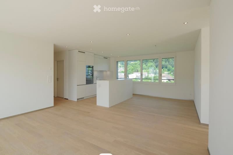 Empty kitchen with white cabinets, a central island, and large windows overlooking greenery. The floor is light wooden, and the walls are white.