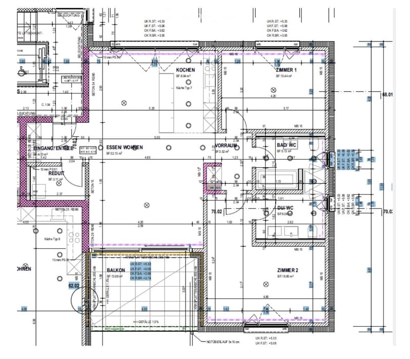 Floor plan showing a kitchen, living/dining area, two bedrooms, two bathrooms, and a balcony.