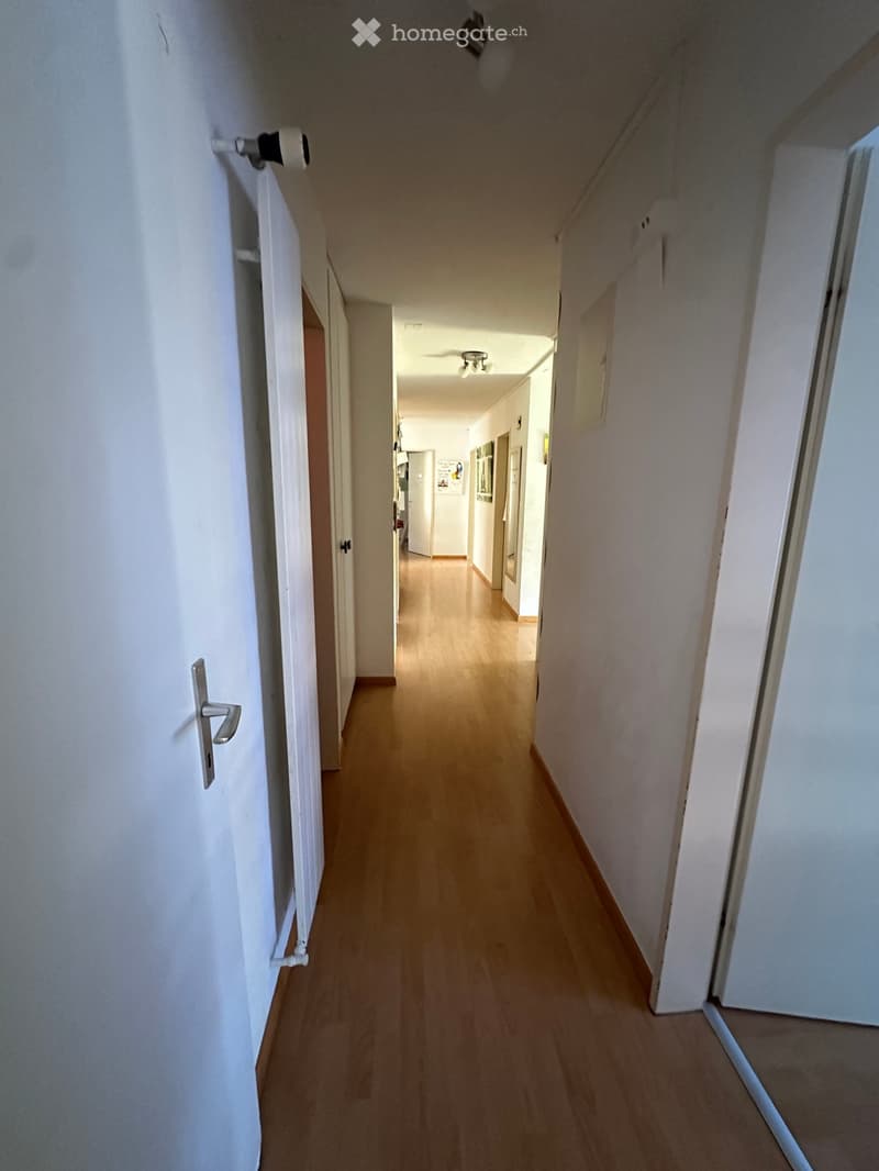 A long, narrow hallway with wooden flooring and white walls, featuring several doors and ceiling lights.