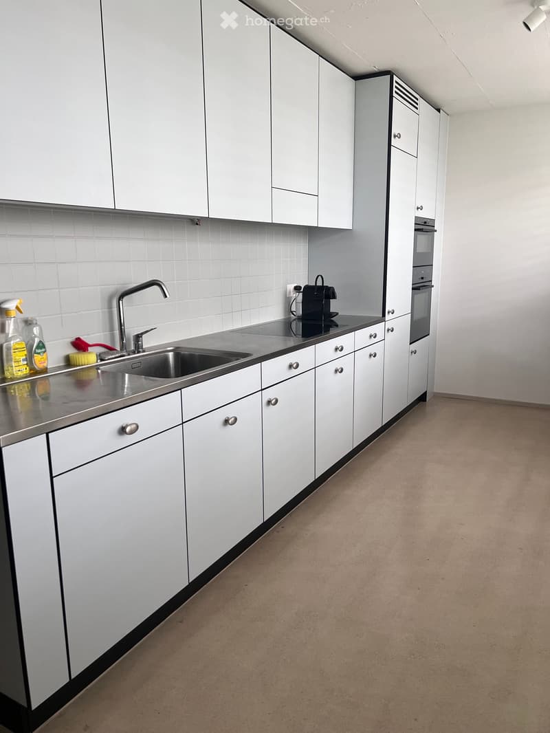 Modern kitchen with white cabinets, stainless steel sink, oven, and various cleaning supplies on the counter.