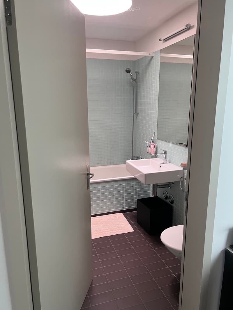 Modern bathroom with a bathtub, sink, mirror, and shower area. Features grey tiled walls, a round ceiling light, and a small pink bath mat on the floor.