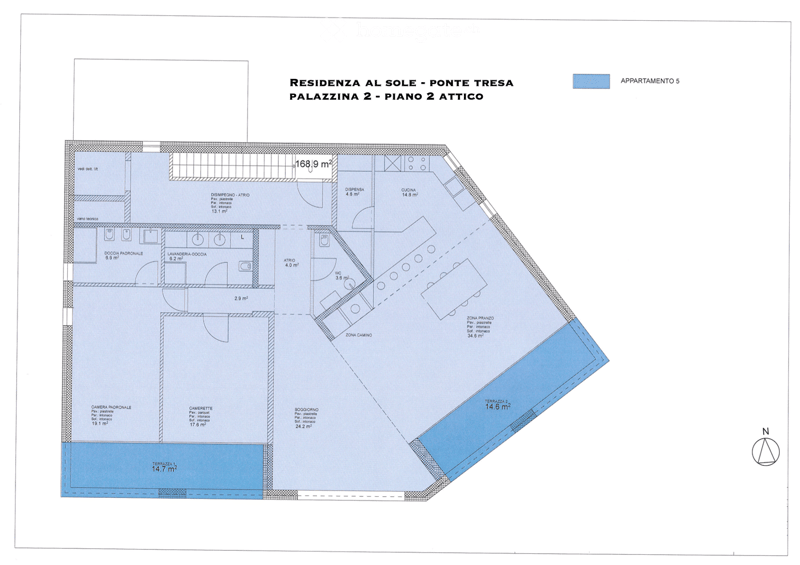 Floor plan of an attic apartment with living room, kitchen, master bedroom, two bathrooms, and two terraces.
