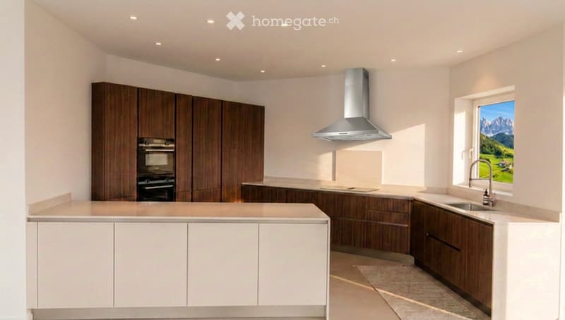 Modern kitchen with white and dark wood cabinets, stainless steel range hood, and a window offering a scenic mountain view.