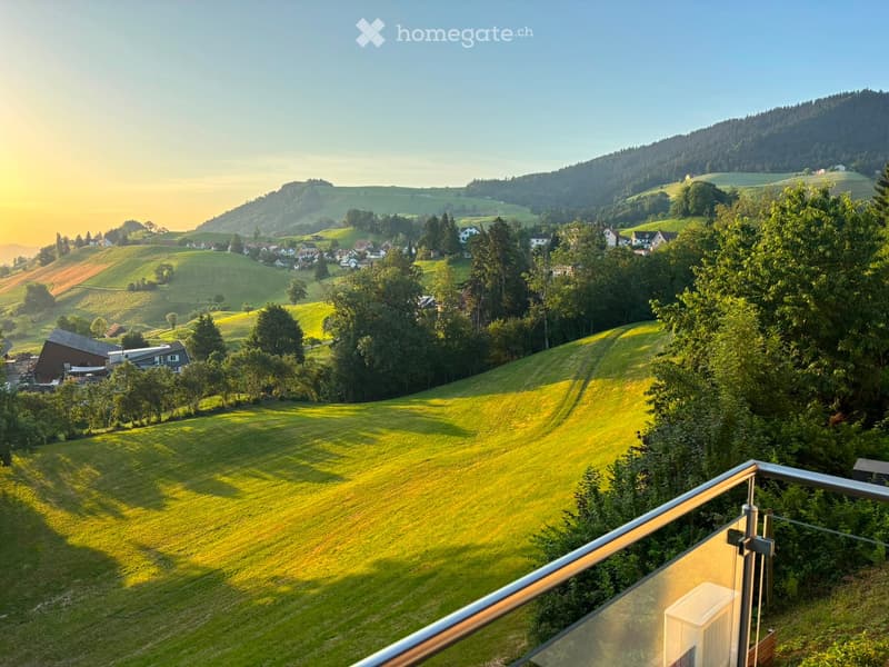 Balcony overlooking a scenic countryside with rolling hills, scattered houses, and a forested mountain range under a clear sky.