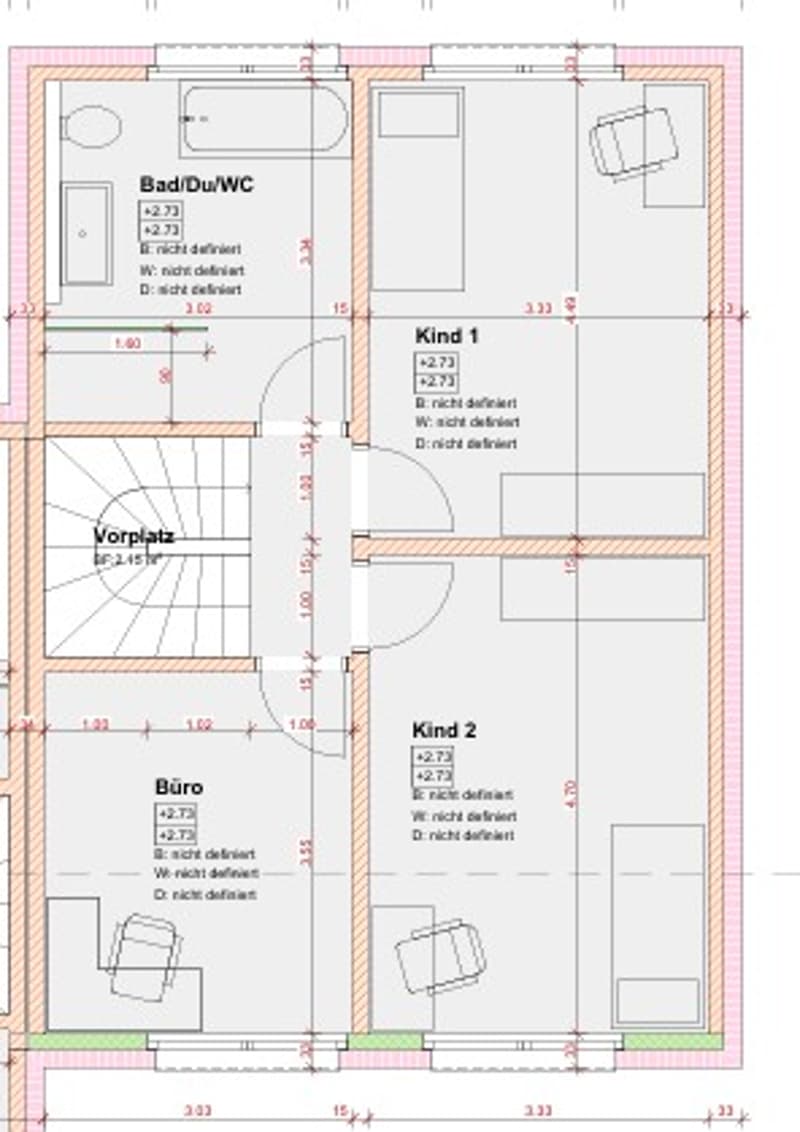 Floor plan of a house with four rooms: bathroom, two children's rooms, living room, and office.