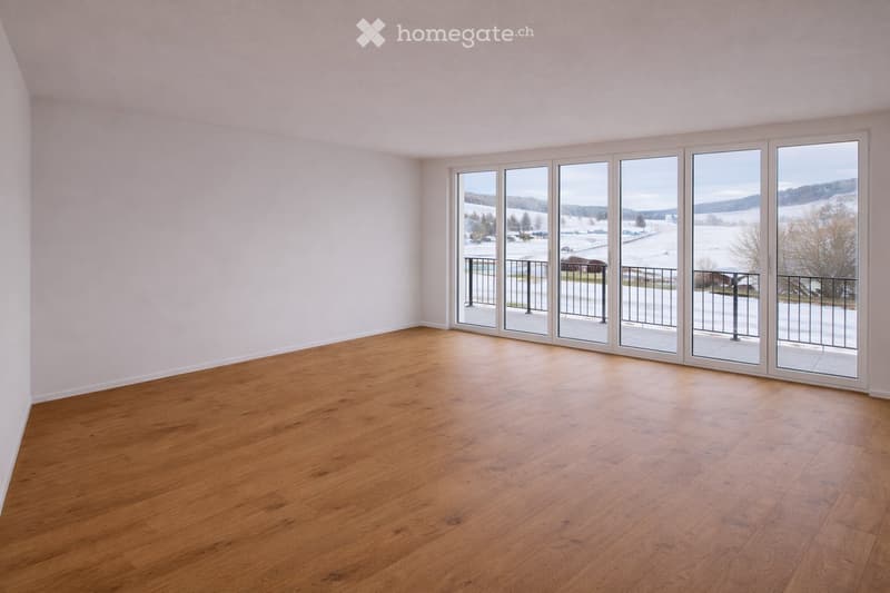 empty room, wooden floor, white walls, large sliding glass doors, balcony with railings, snowy landscape view