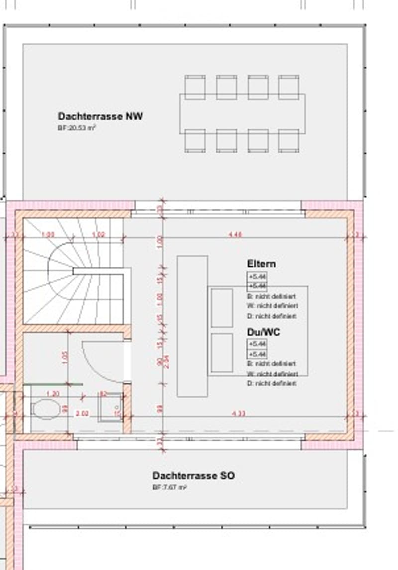 Floor plan showing a layout with labeled areas including Dachterrasse NW, Dachterrasse SO, Eltern, Du/WC, and other rooms.