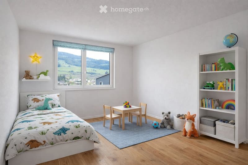 A child's bedroom with a bed, a small table and chairs, a rug, a shelf with books and toys, a window with a view of the mountains, and a star-shaped night light.