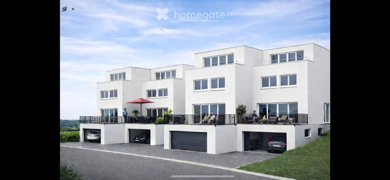 3 story house, white exterior, 3 garages, balconies, green lawn