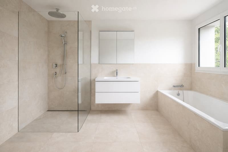 modern bathroom with shower, bathtub, sink, mirror, beige tiles