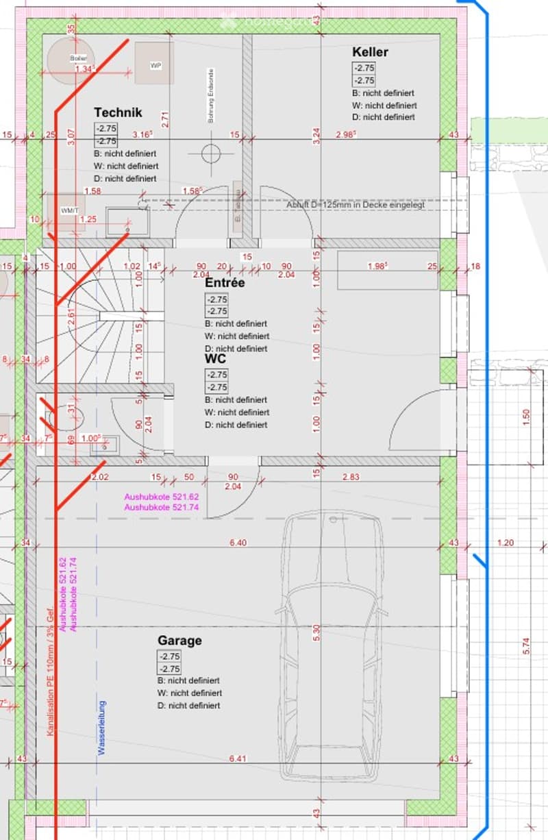 Floor plan showing entrance, garage, basement, and technical room with dimensions and labels.