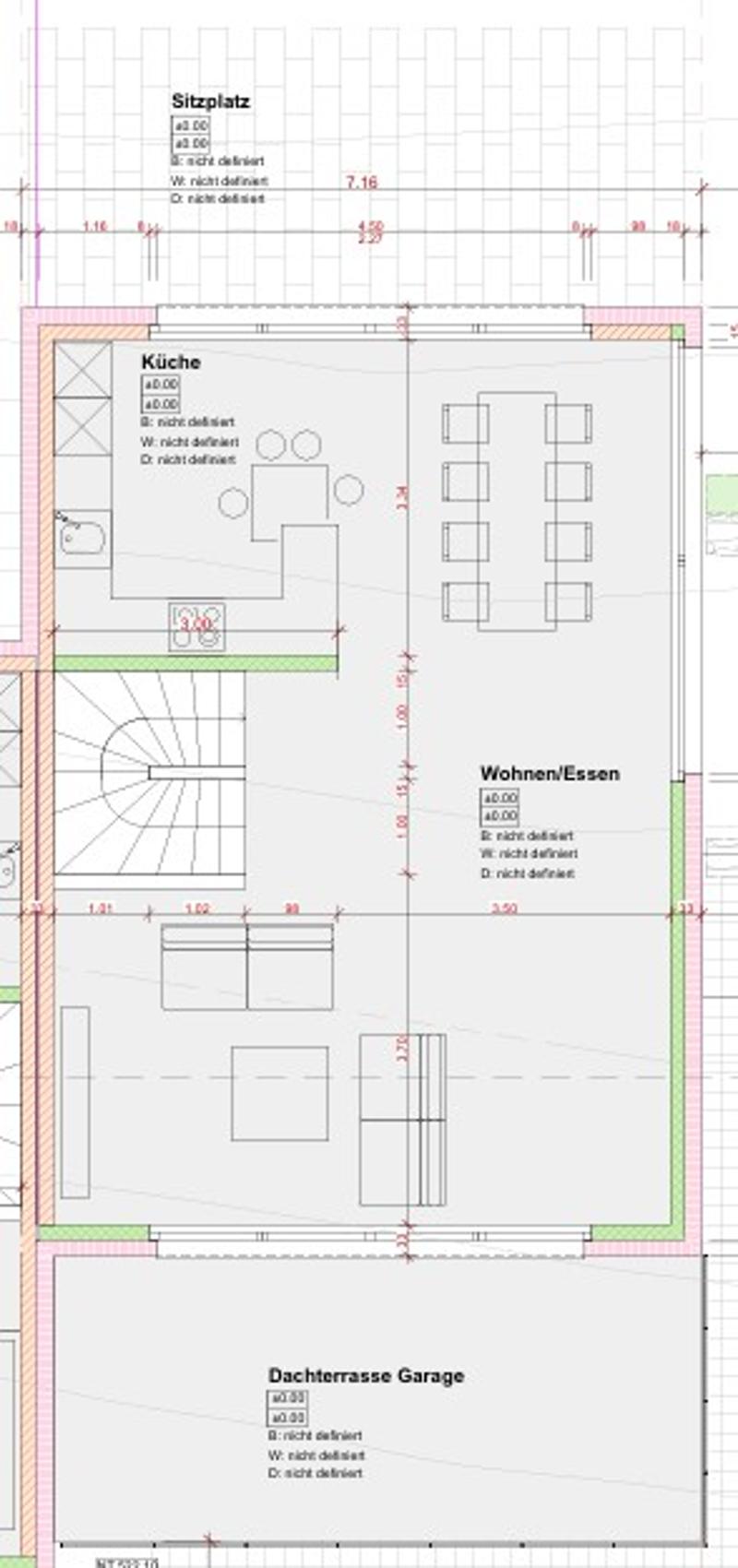 Floor plan showing a kitchen, living-dining area, and a basement garage. The kitchen includes a sink, refrigerator, and stove. The living-dining area has a circular seating arrangement. The basement garage is marked with parking spaces.