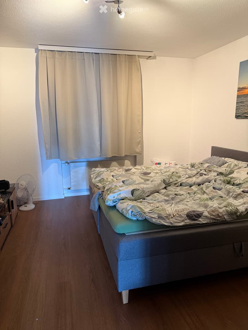 A tidy bedroom with a wooden floor, a bed with a grey headboard and a patterned duvet, a fan on the floor, and a curtained window.