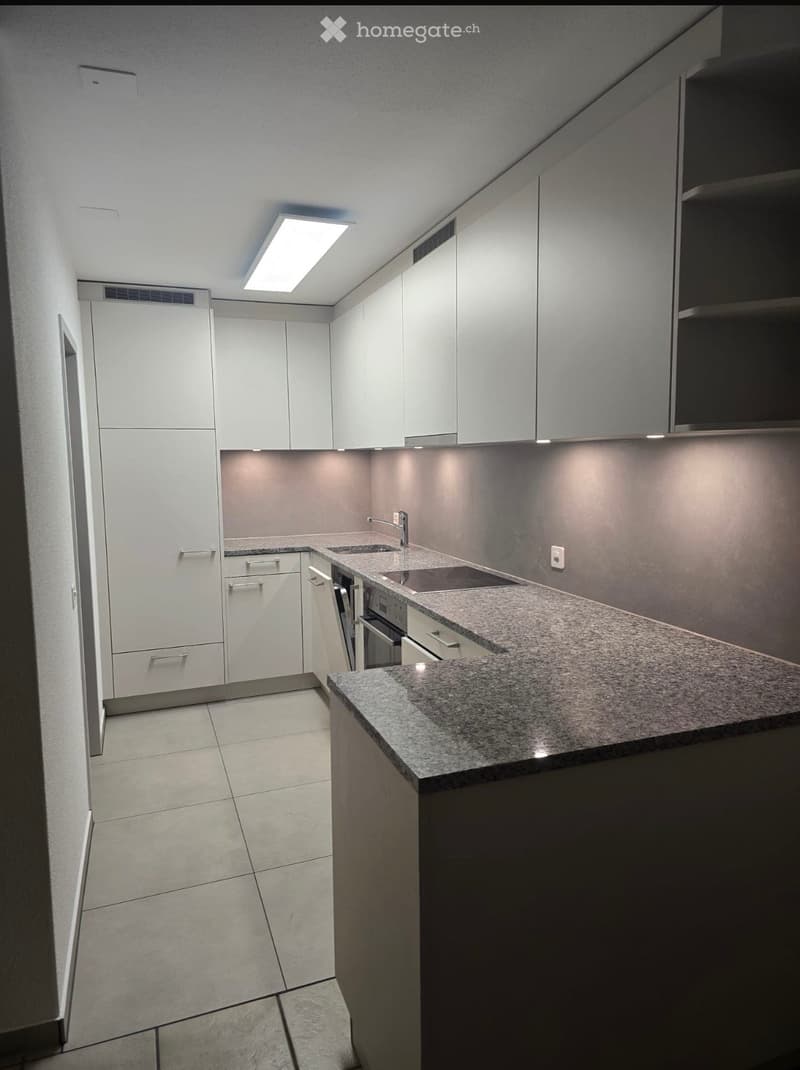 Modern kitchen with white cabinets, granite countertop, and built-in appliances.