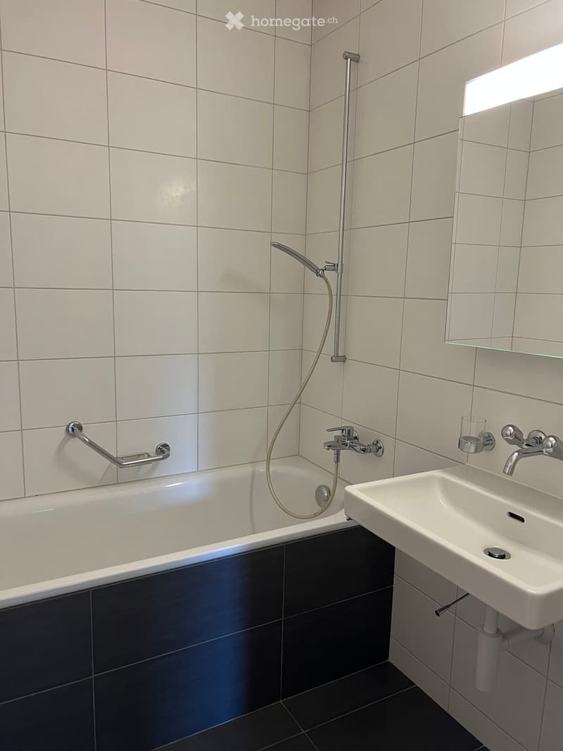 modern bathroom with white tiles, bathtub, shower head, faucet, sink, mirror, soap dish, and overhead light