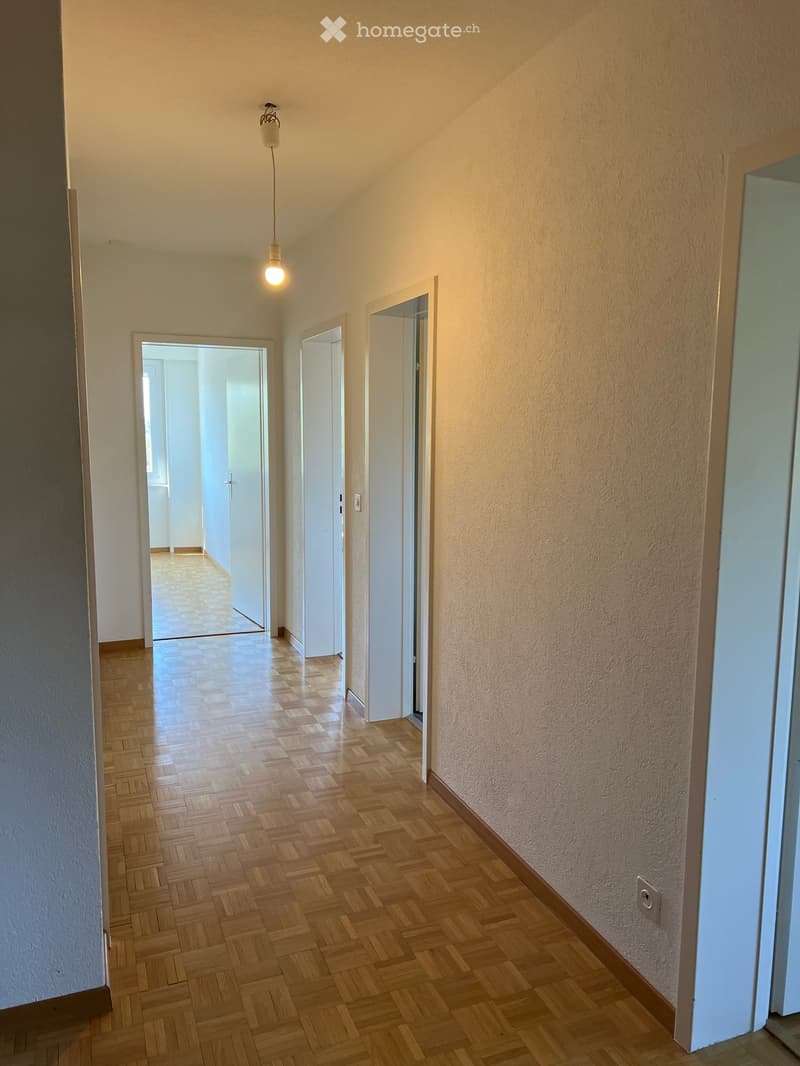 Empty hallway with wooden parquet flooring, white walls, three doors, and a ceiling light.